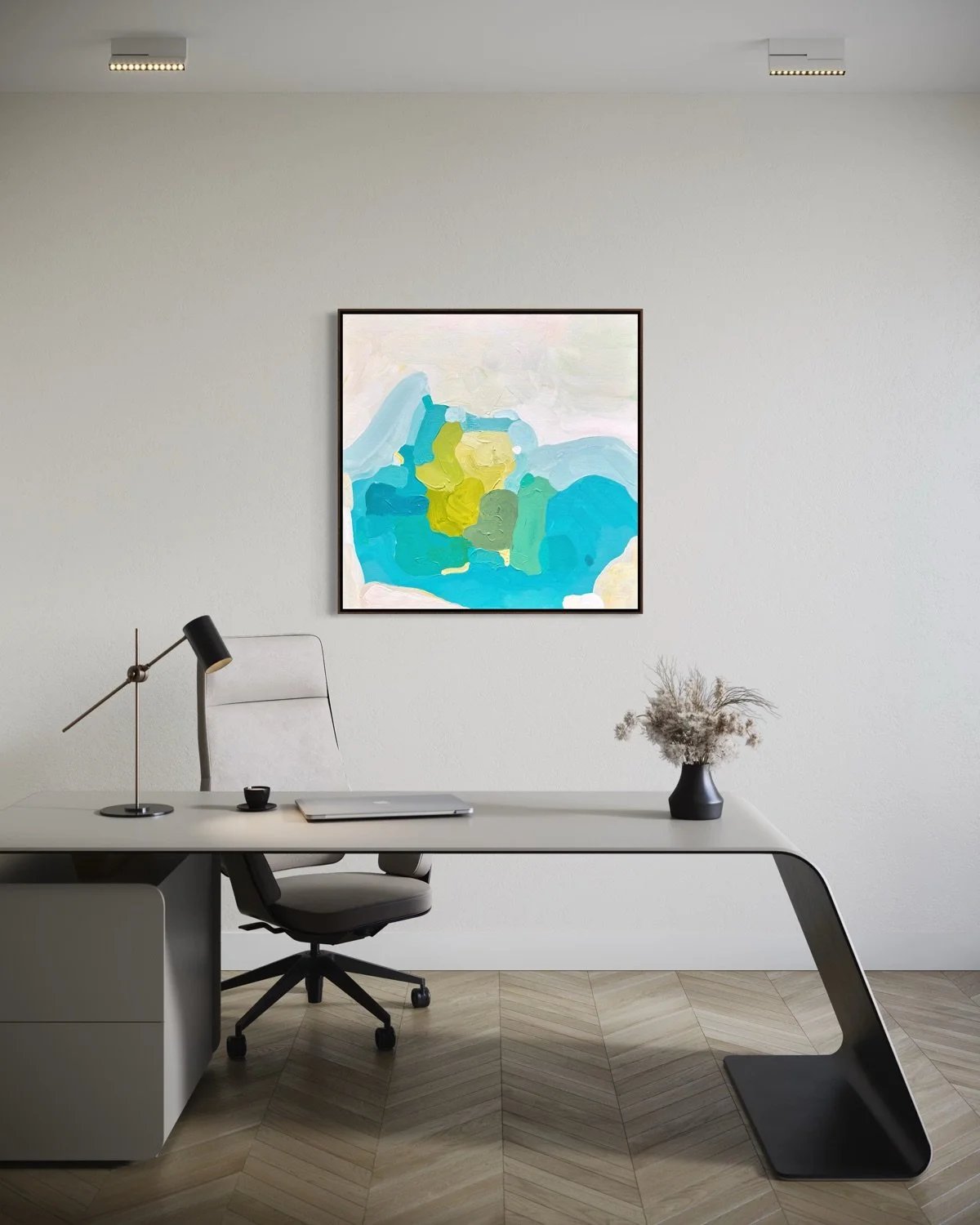 Fine art print Ocean Retreat by Austrian artist Birgit Trofer in a black floating frame. Sophisticated dark office interior with oak flooring, modern dark desk, and executive leather chair.