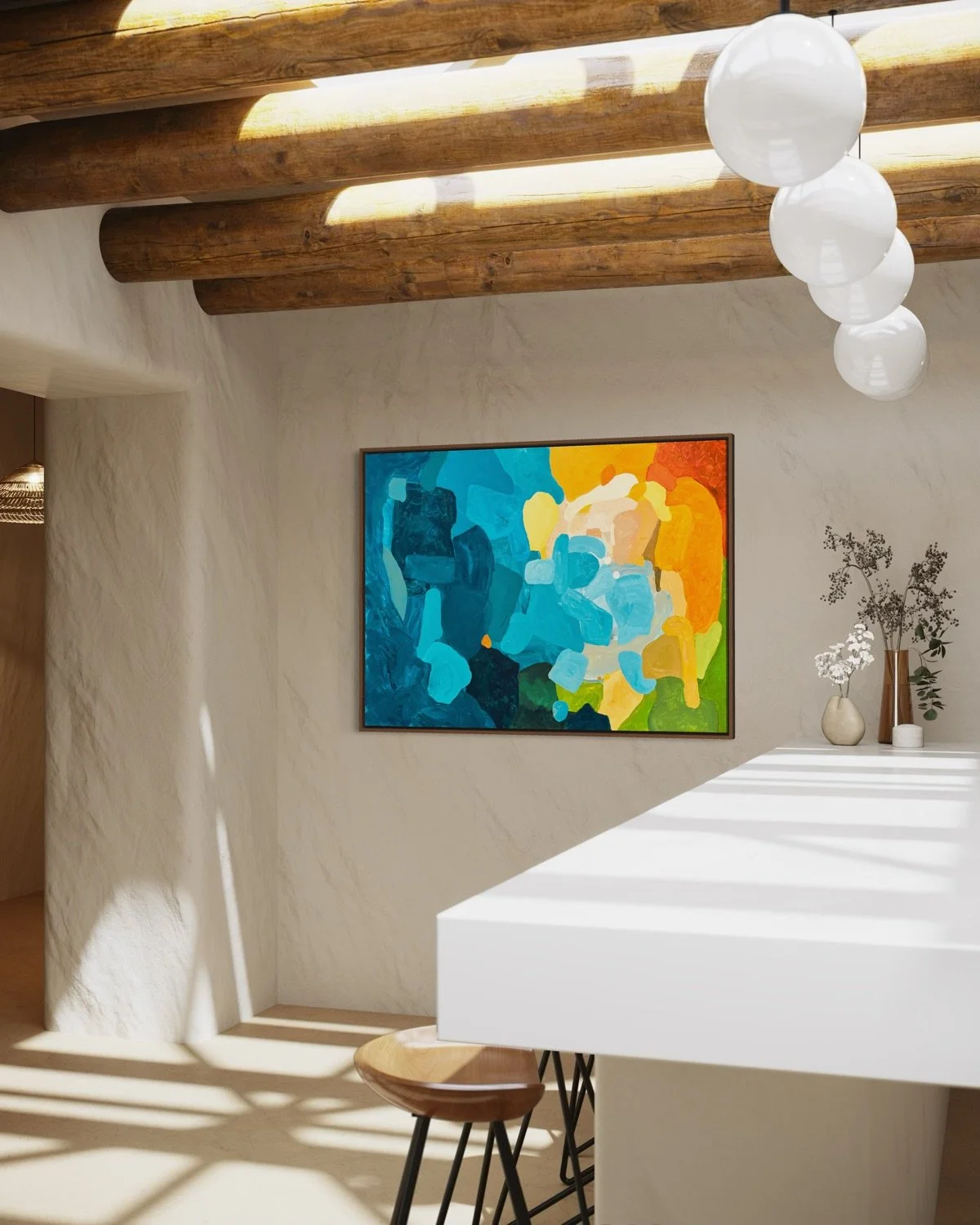 Fine art canvas print Sunset Flow by Austrian artist Birgit Trofer, side view. Contemporary wall art decoration in a bright Mediterranean restaurant interior.