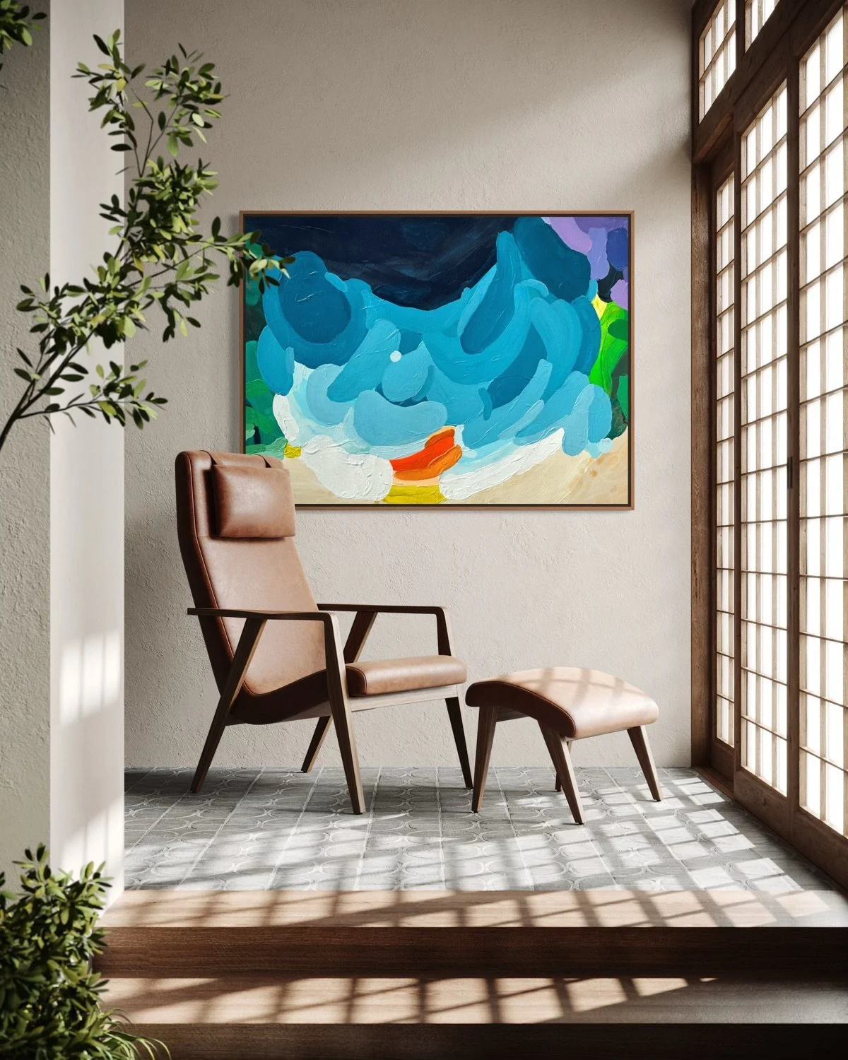 Large abstract ocean painting Luminous Tide by Birgit Trofer styled as powerful wall art in a sunny, cozy reading lounge next to a luxury leather chair.
