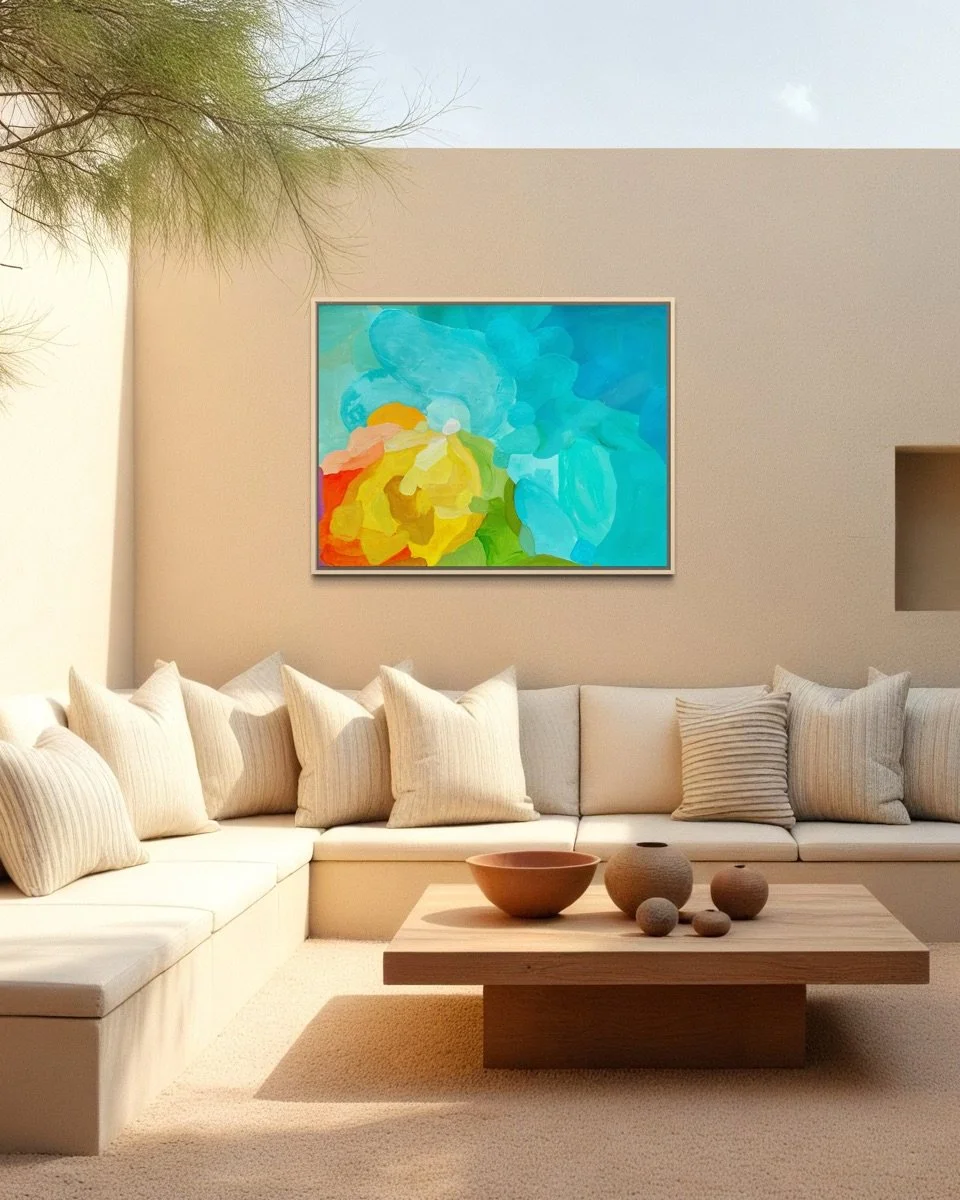 Fine art canvas print Shoreline Clarity by Austrian artist Birgit Trofer featured in a cozy outdoor Mediterranean lounge with soft pillows.