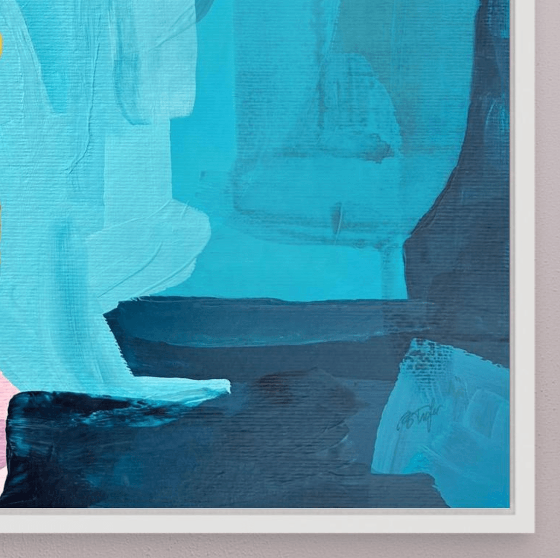 Close-up detail of the abstract print Sun-drenched Ambition by Birgit Trofer, highlighting the professional print quality, rich turquoise depth, and the modern white floating frame.