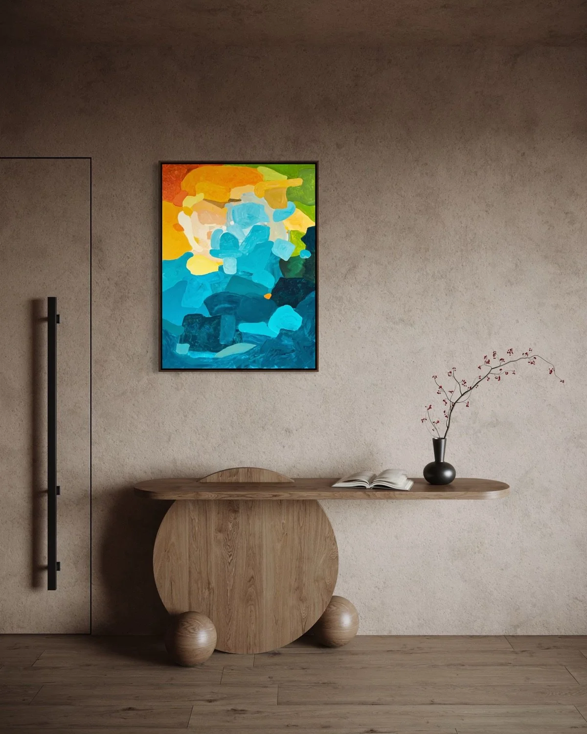 Moody abstract painting Sunset Flow by Birgit Trofer styled above a wooden shelf on a warm reddish-brown wall in a contemporary cozy bar.