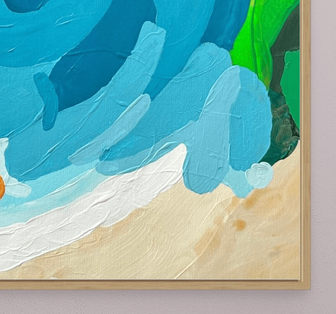 Macro view of fine art edition Luminous Tide by Austrian artist Birgit Trofer, showing the rich maritime color layers and the elegant shadow gap of the natural oak frame.