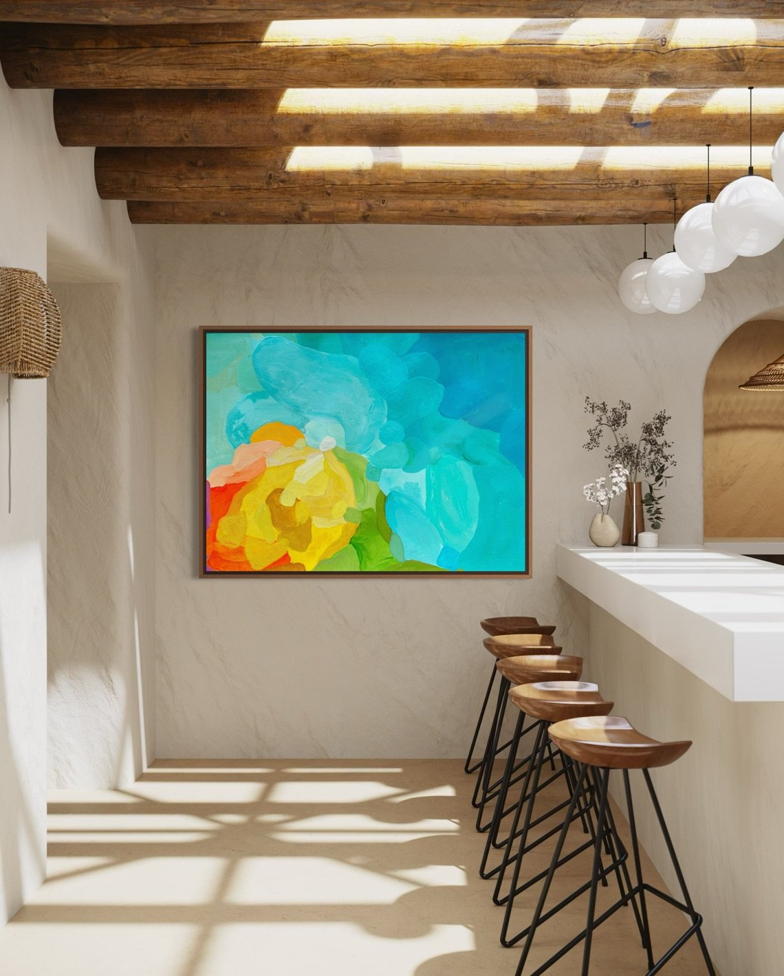 Abstract artwork by Austrian artist Birgit Trofer "shoreline clarity" in floating frame with vibrant colors like turquoise and contrasting orange and golden shades, styled in a Mediterranean restaurant bar that exudes a lovely, cozy rustic charm.