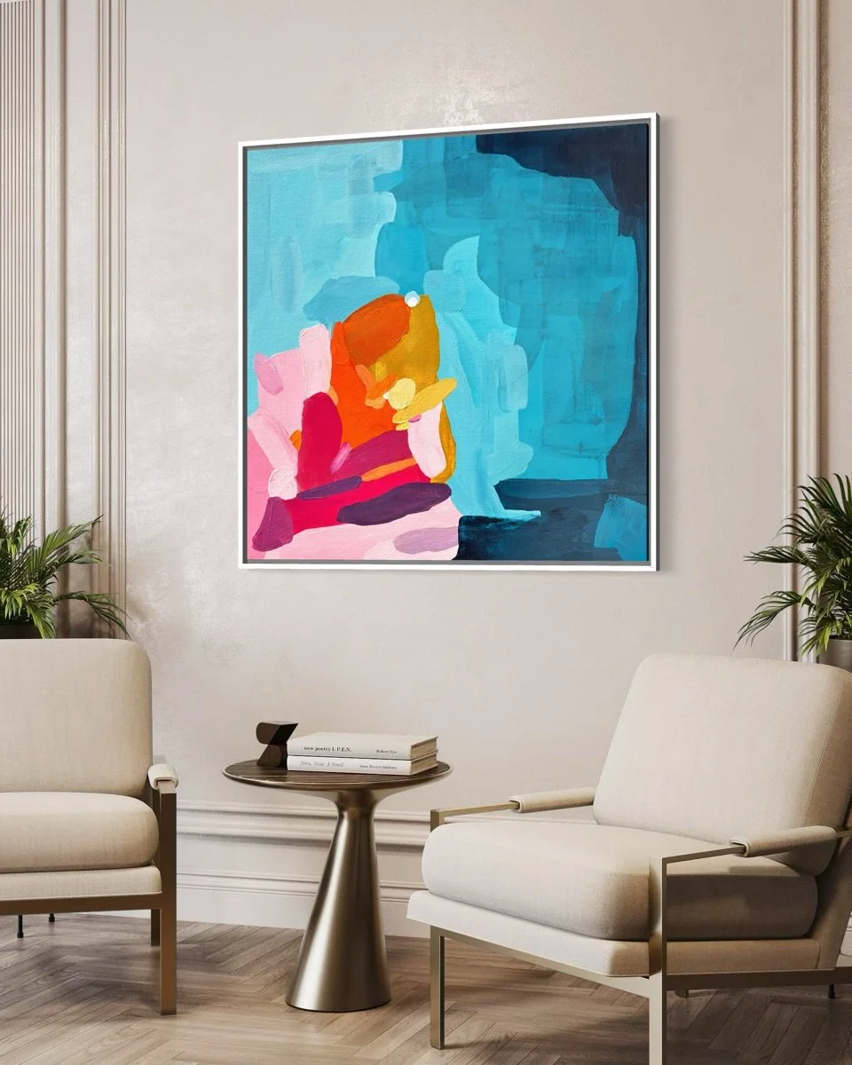 Exclusive abstract painting Sun-drenched Ambition by Austrian artist Birgit Trofer featured as upscale wall art in a contemporary quiet luxury living room.