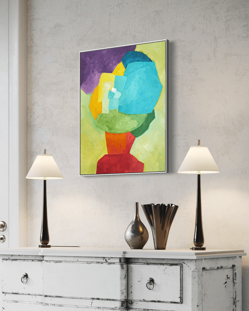 Original abstract painting Constructing Balance by Birgit Trofer. Contemporary fine art exploring dynamic harmony and form, bringing structured energy to spaces, mounted above a vintage shelf.