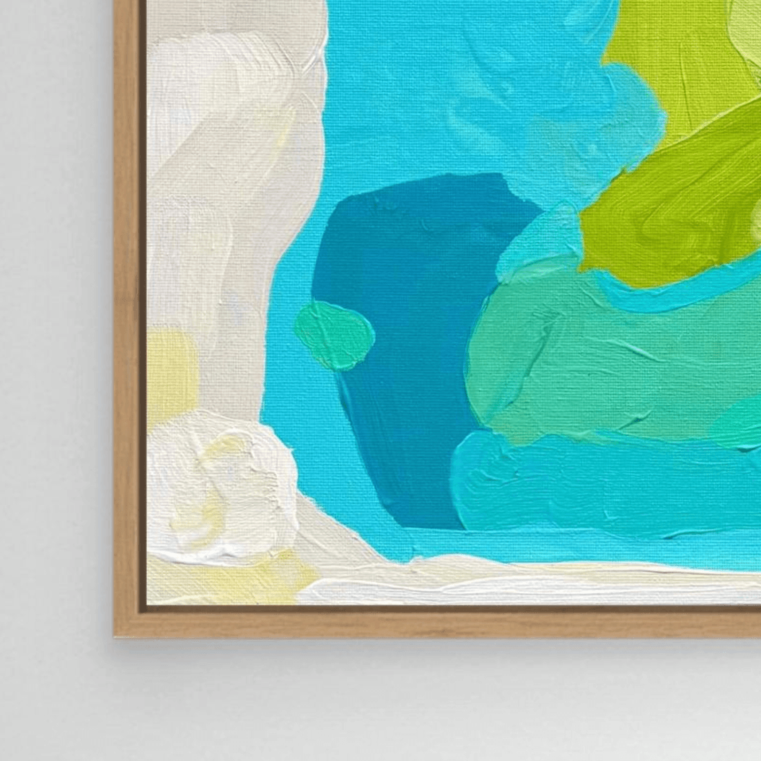 Close-up and detail of fine art print on canvas in floating frame oak by Birgit Trofer.
