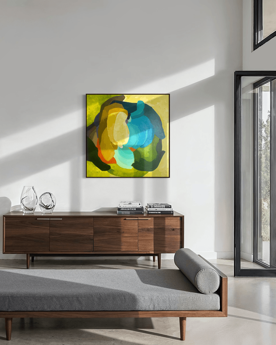 Centered Blooming - original abstract artwork by Birgit Trofer, mounted on a light wall in a modern living room, sunlight coming in.