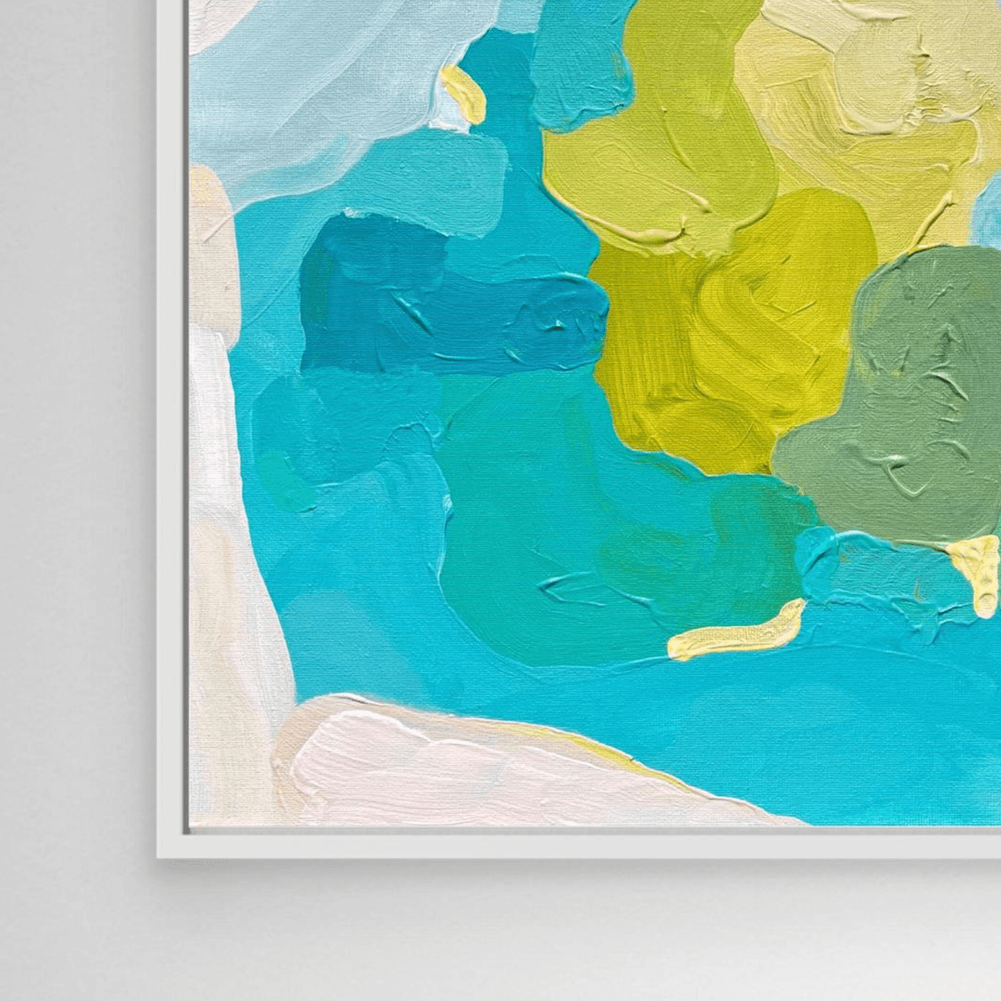 Details des Gemäldes Ocean Retreat von Birgit Trofer mit hochpigmentierten Acrylfarben im Holzrahmen.