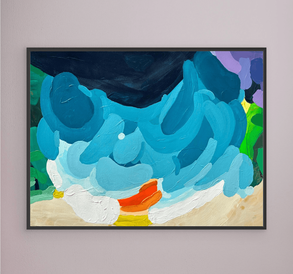 Premium fine art canvas print Luminous Tide by Austrian artist Birgit Trofer, showcased in a sophisticated black floating frame, front view.