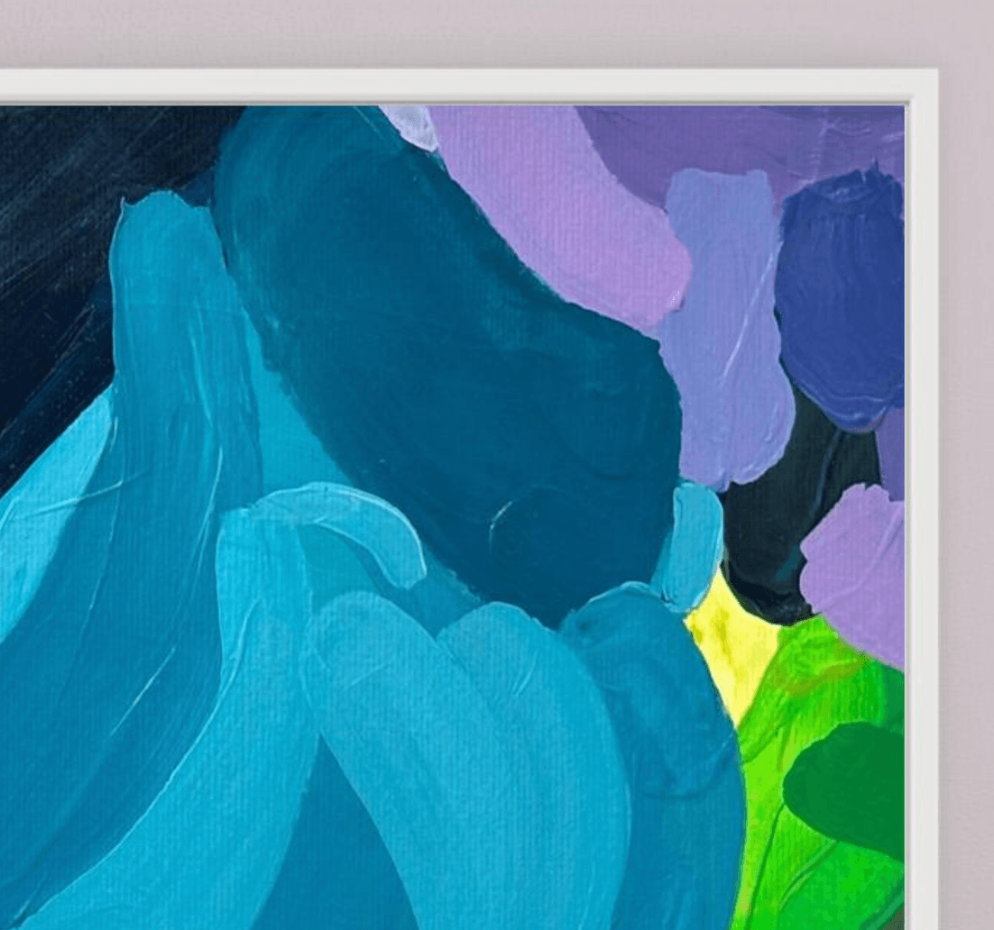 Close-up detail of the abstract print Luminous Tide by Birgit Trofer, highlighting the professional print quality and the crisp white floating frame.