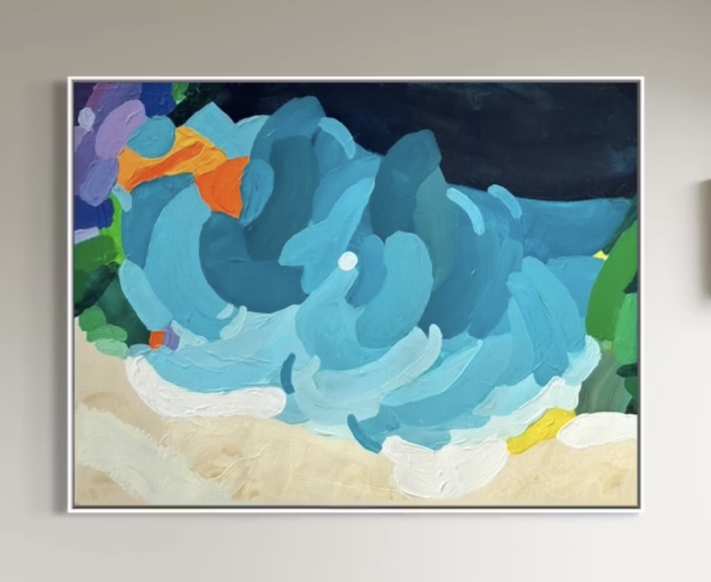 Zeitgenössisches Gemälde Tidal Shift von Birgit Trofer. Abstraktes Acrylbild in Frontansicht, schwebend in einem modernen Schattenfugenrahmen in lichtem Weiß.