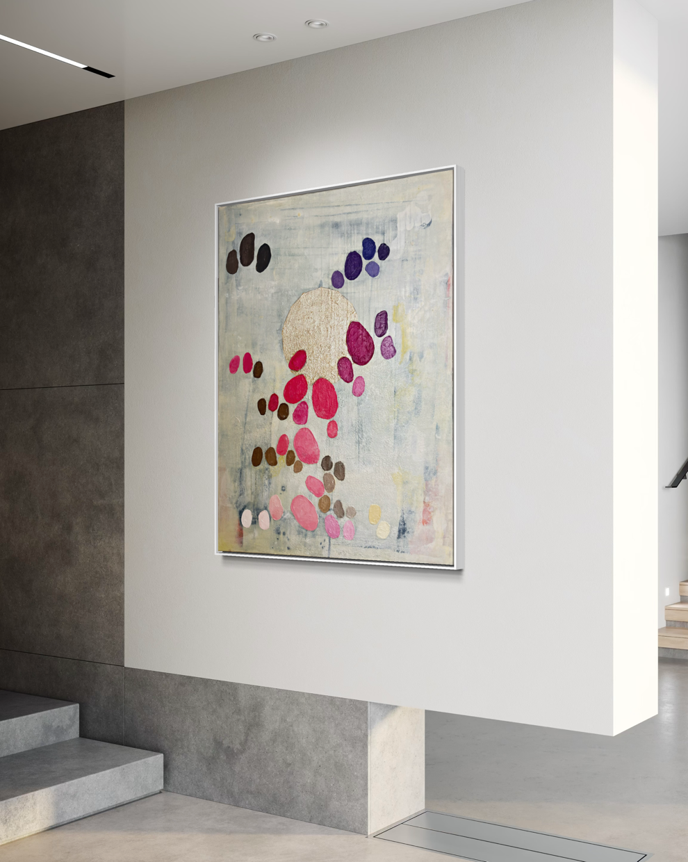 Graceful Dance, an original abstract painting by Birgit Trofer, mounted in a contemporary hall of an office building, in a white shadow gap frame.