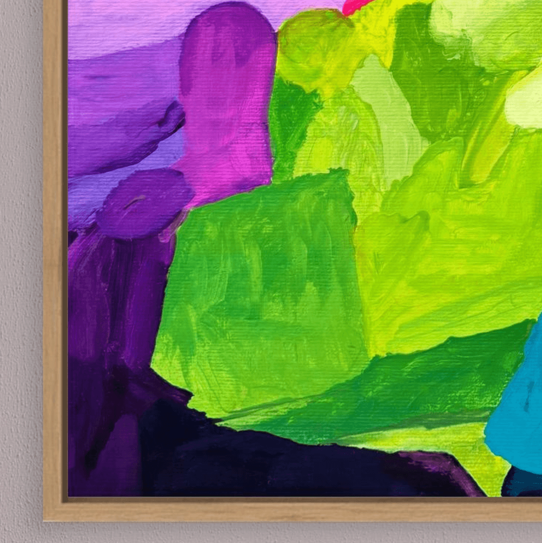 Macro view of fine art edition Deep Swell by Austrian artist Birgit Trofer, showing the luminous color layers of violet and lime green next to the elegant shadow gap of the natural oak frame.