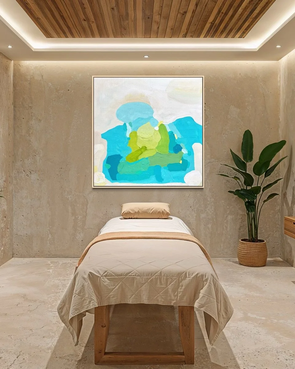 Fine art canvas print Shoreline Serenity by Austrian artist Birgit Trofer featured as a calming visual anchor in a luxury nature-toned spa and wellness massage room.