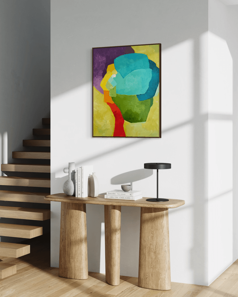 Original abstract painting Graceful Resilience by Birgit Trofer. Contemporary fine art exploring inner strength, elegance, mounted on a white contemporary elegant entrance hall.