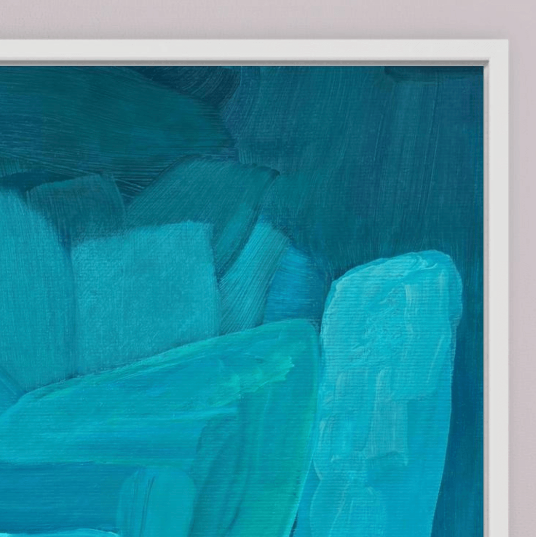 Close-up detail of the abstract print Deep Swell by Birgit Trofer, highlighting the professional print quality, rich turquoise depth, and the crisp white floating frame.