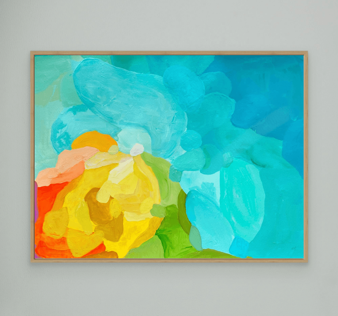 Premium fine art canvas print Shoreline Clarity by Austrian artist Birgit Trofer, showcased in a high-quality natural oak wood floating frame.