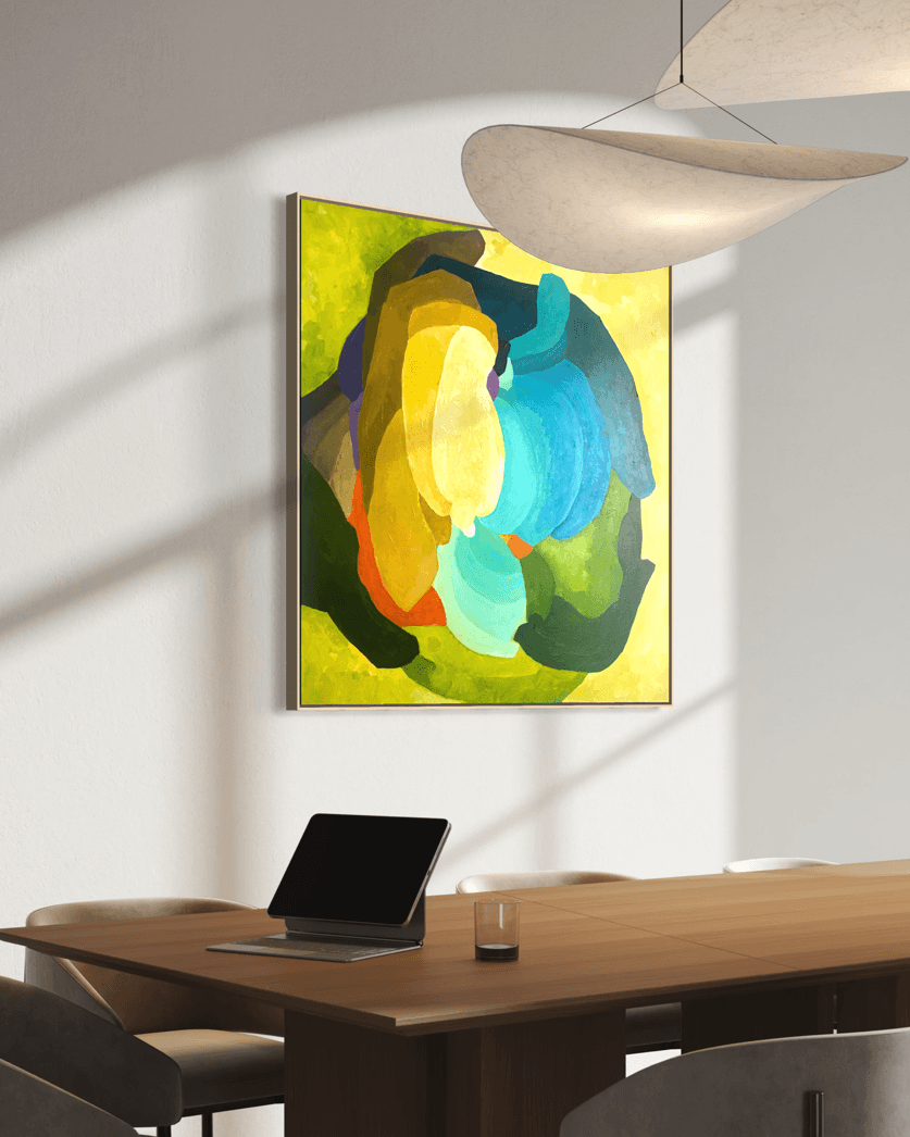 Centered Blooming - original abstract artwork by Birgit Trofer, mounted on a light grey wall in a modern office.