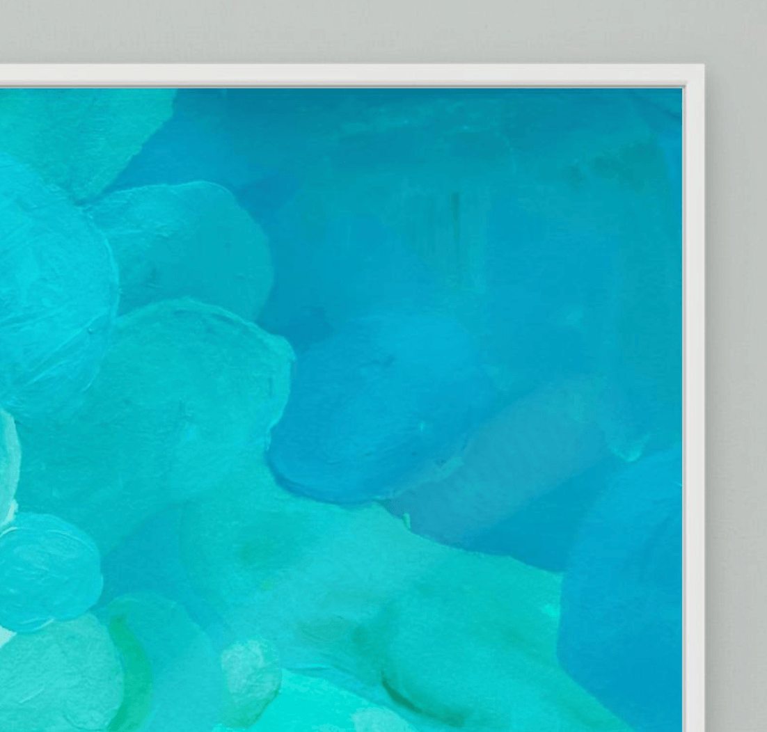 Close-up detail of the abstract print Shoreline Clarity by Birgit Trofer, highlighting the professional print quality and the modern white floating frame.