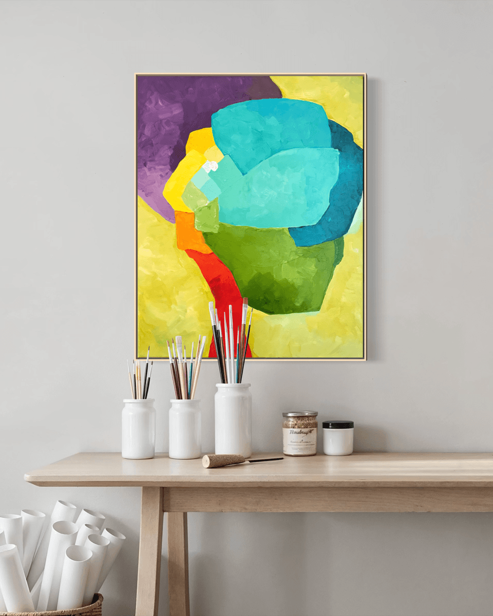 Original abstract painting Graceful Resilience by Birgit Trofer, in the studio surrounded by paint, brushes and artist's supplies.