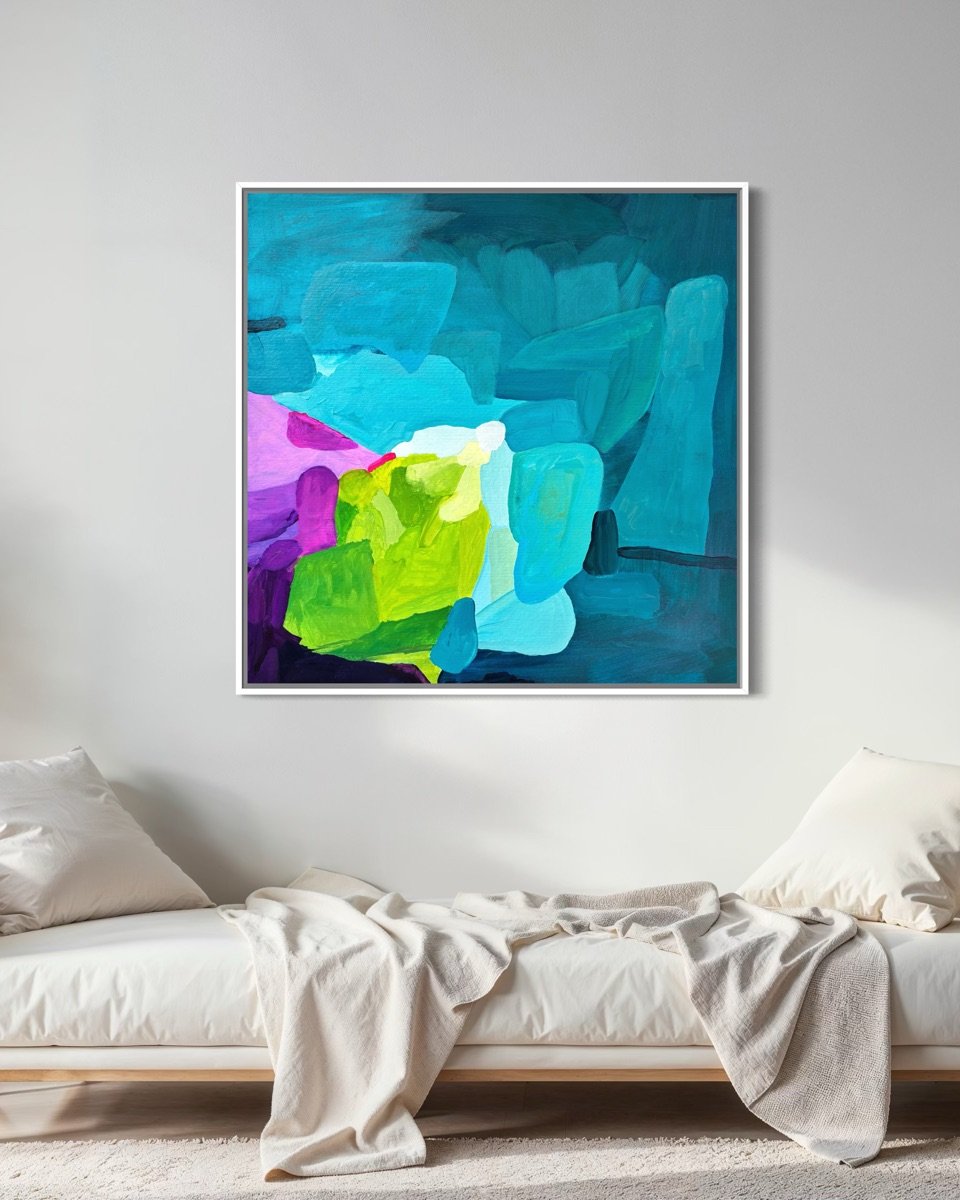 Contemporary artwork by Austriaan artist Birgit Trofer, placed in a luxurious but cozy livingroom, in a white floating frame.