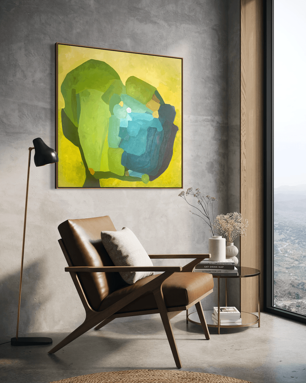 Aligned Perspectives, original abstract painting by Birgit Trofer, in a comfortable reading zone of a contemporary living room, above a leather chair.