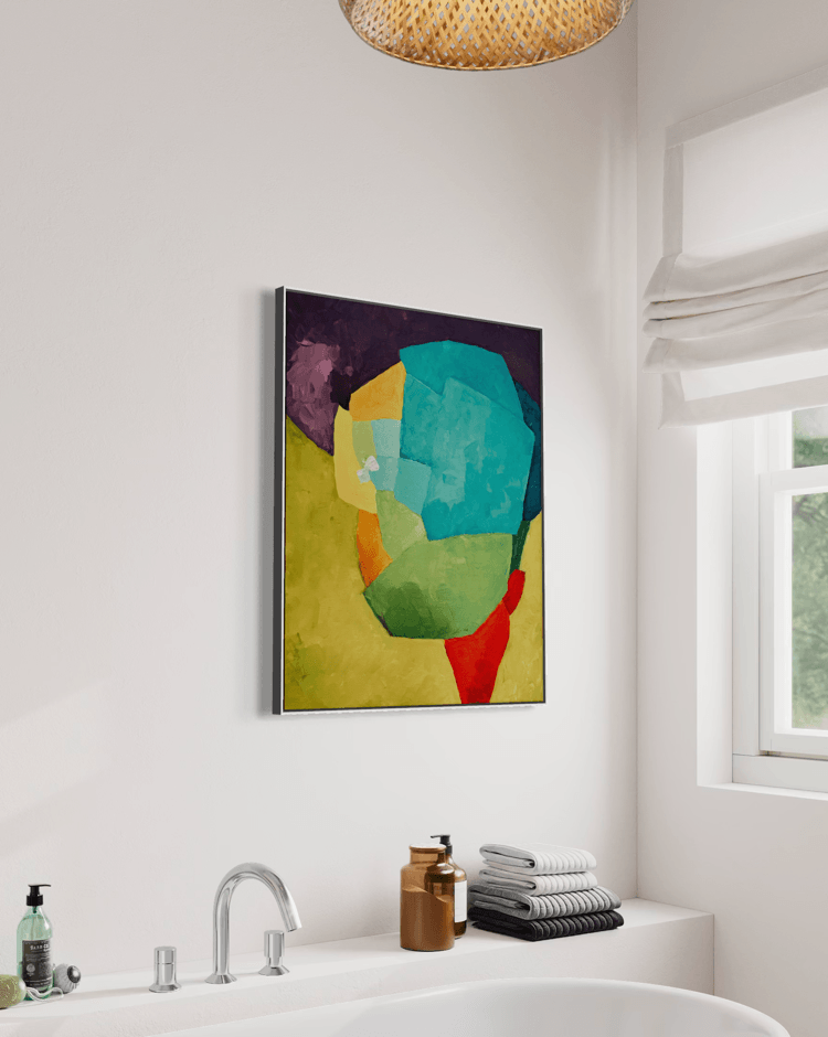 Bold Allure, a color field abstract artwork by Birgit Trofer, exploring confidence and elegance, mounted on a wall of a modern luxury bathroom.