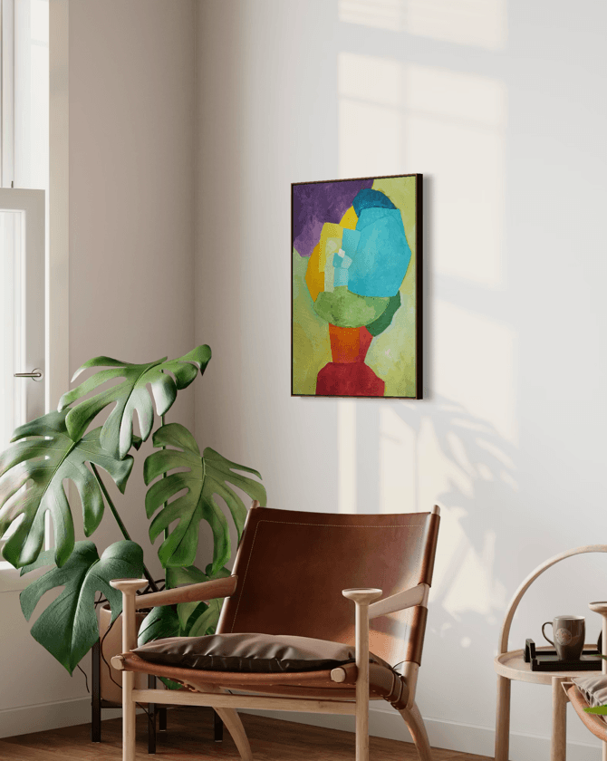 Original abstract painting Constructing Balance by Birgit Trofer. Contemporary fine art exploring dynamic harmony and form, bringing structured energy to spaces, mounted on a light wall above a leather chair.