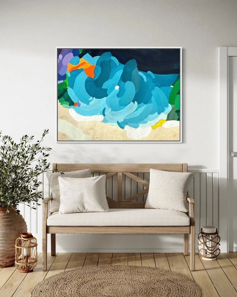 Contemporary canvas print Tidal Shift by Austrian artist Birgit Trofer, front view. Elegant styling directly above a minimalist bench in a bright space.