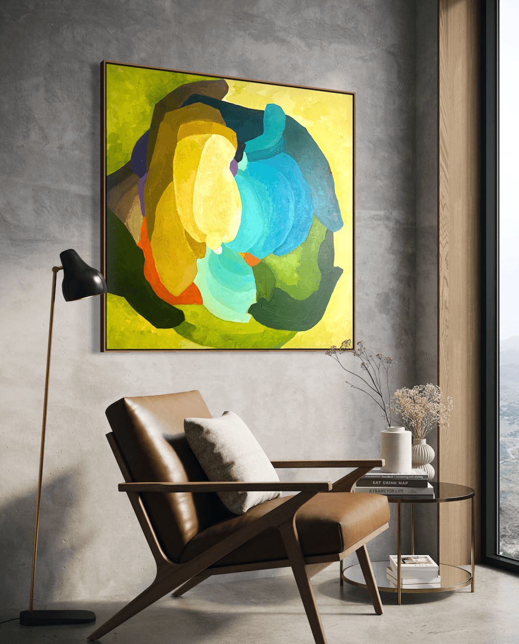 Centered Blooming - original abstract artwork by Birgit Trofer, mounted on a light grey wall in a reading zone with a comfortable leather chair.