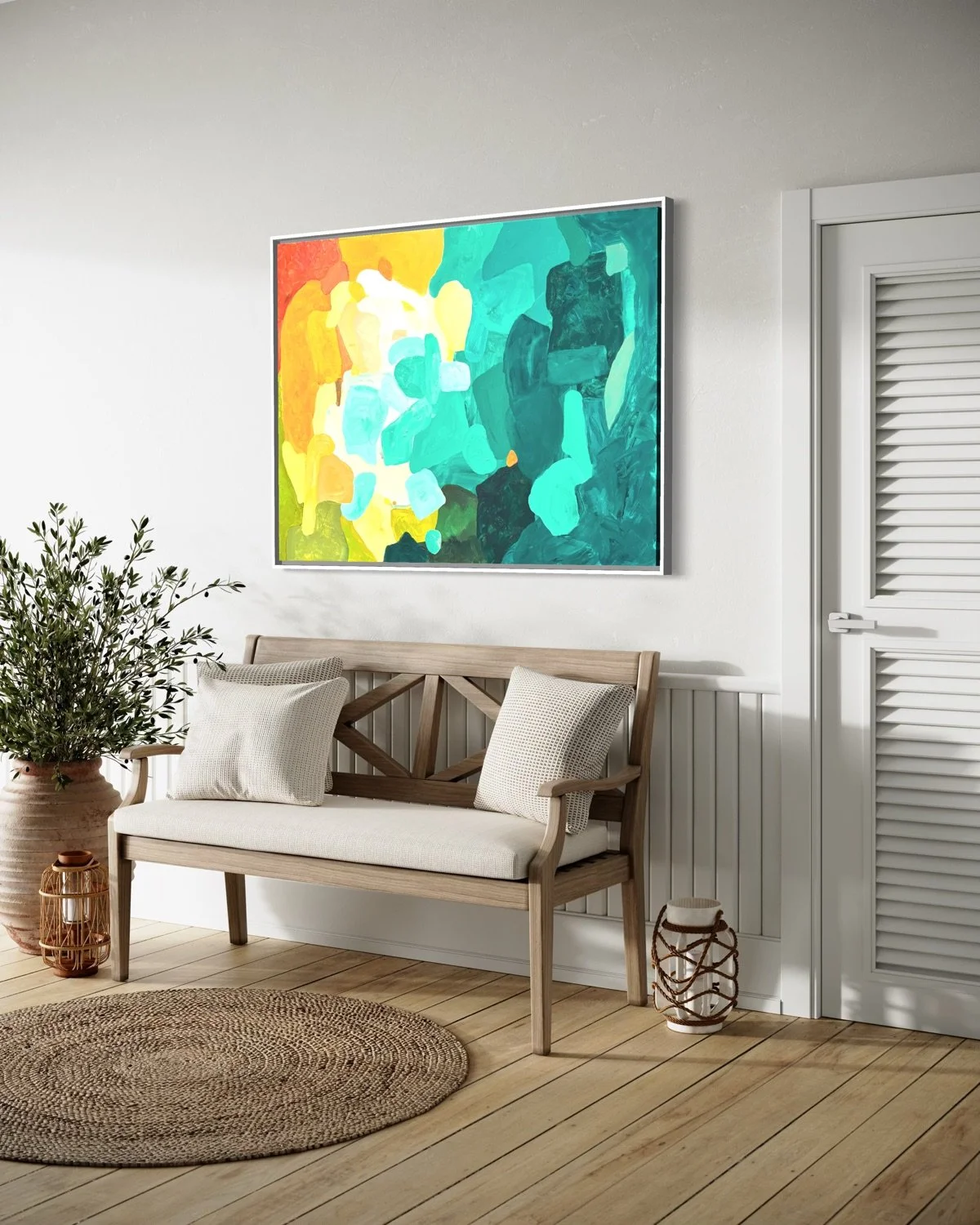 Abstract colorful painting Amber Perspective by Birgit Trofer, side view. Contemporary wall art styled beautifully above a Mediterranean bench in a bright living space.