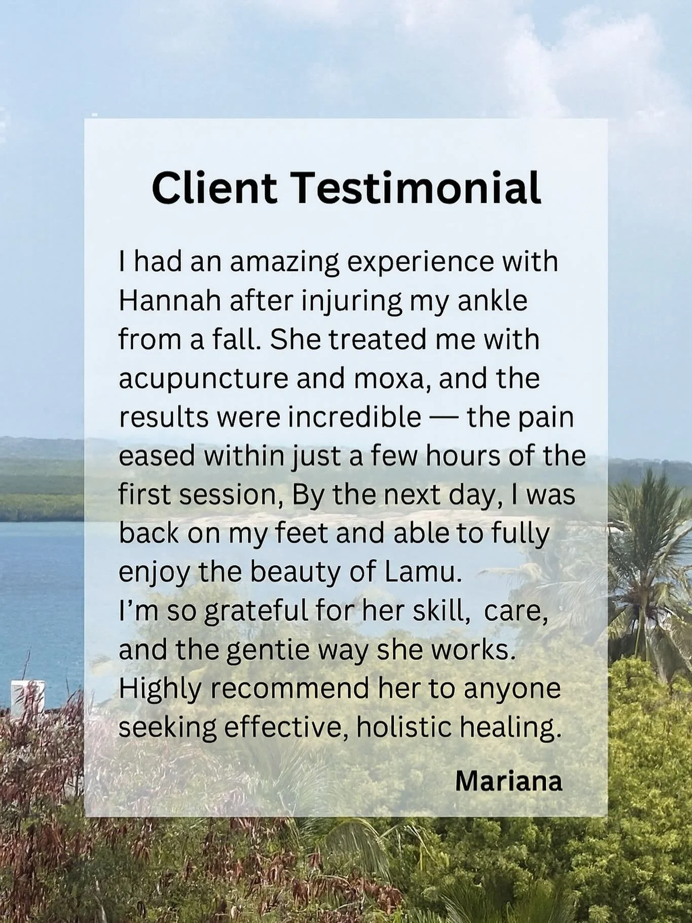 ✨ Grateful for these healing moments ✨
Supporting others on their journey back to balance is truly the heart of my work.
Thank you, Mariana, for your trust and beautiful words. 🤍

#Acupuncture #HolisticHealing #Lamu #WellnessJourney #NaturalHealing 