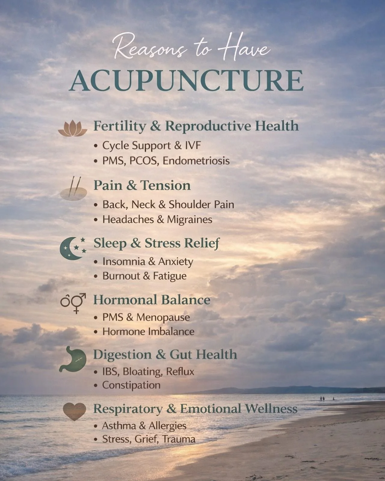 Your body is always communicating.
Pain, fatigue, hormonal shifts, digestive changes, breath, sleep. None of these are random.

Acupuncture works by listening to the whole system, gently guiding the body back into balance rather than forcing change.
