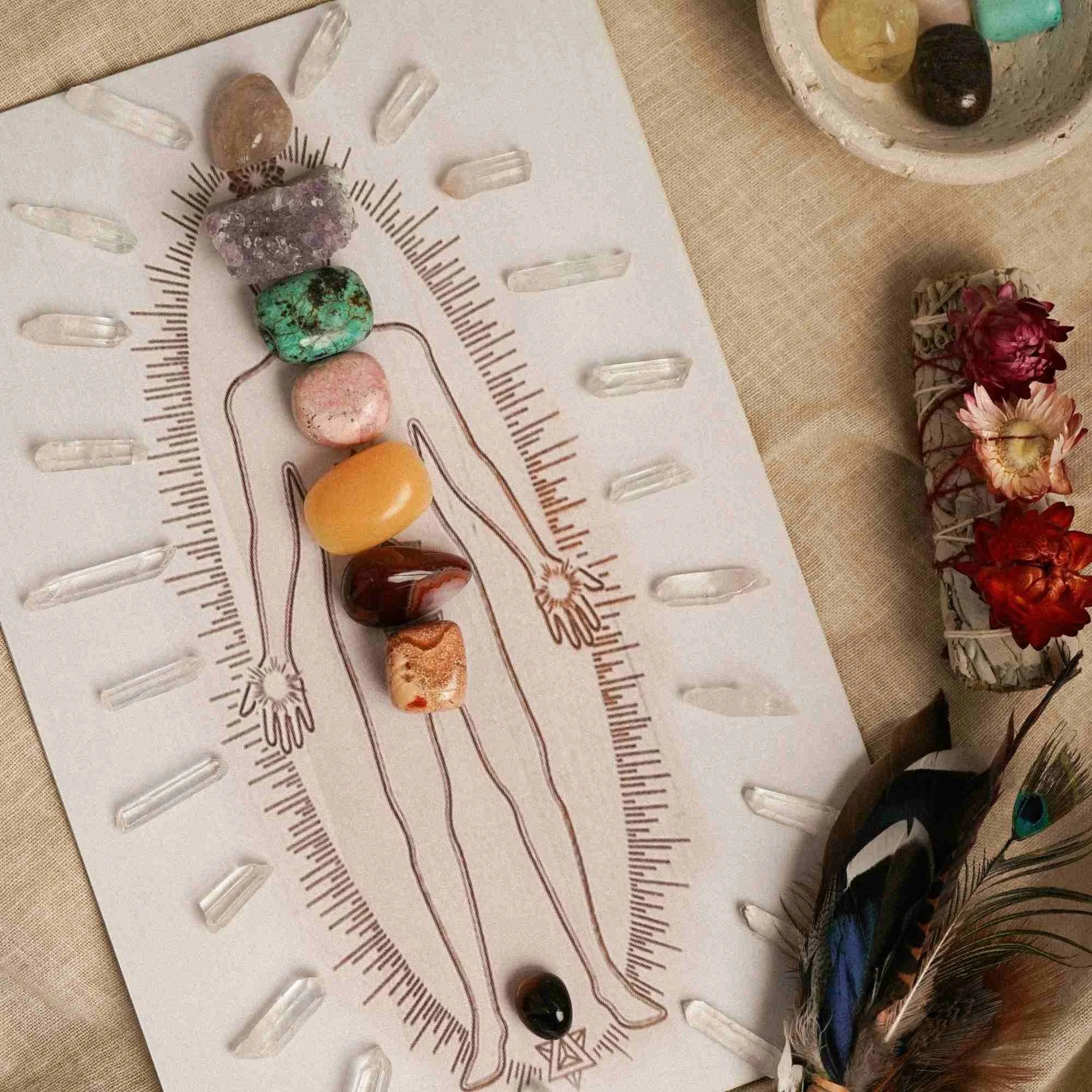 Crystals laid out on the chakras in an image of the body