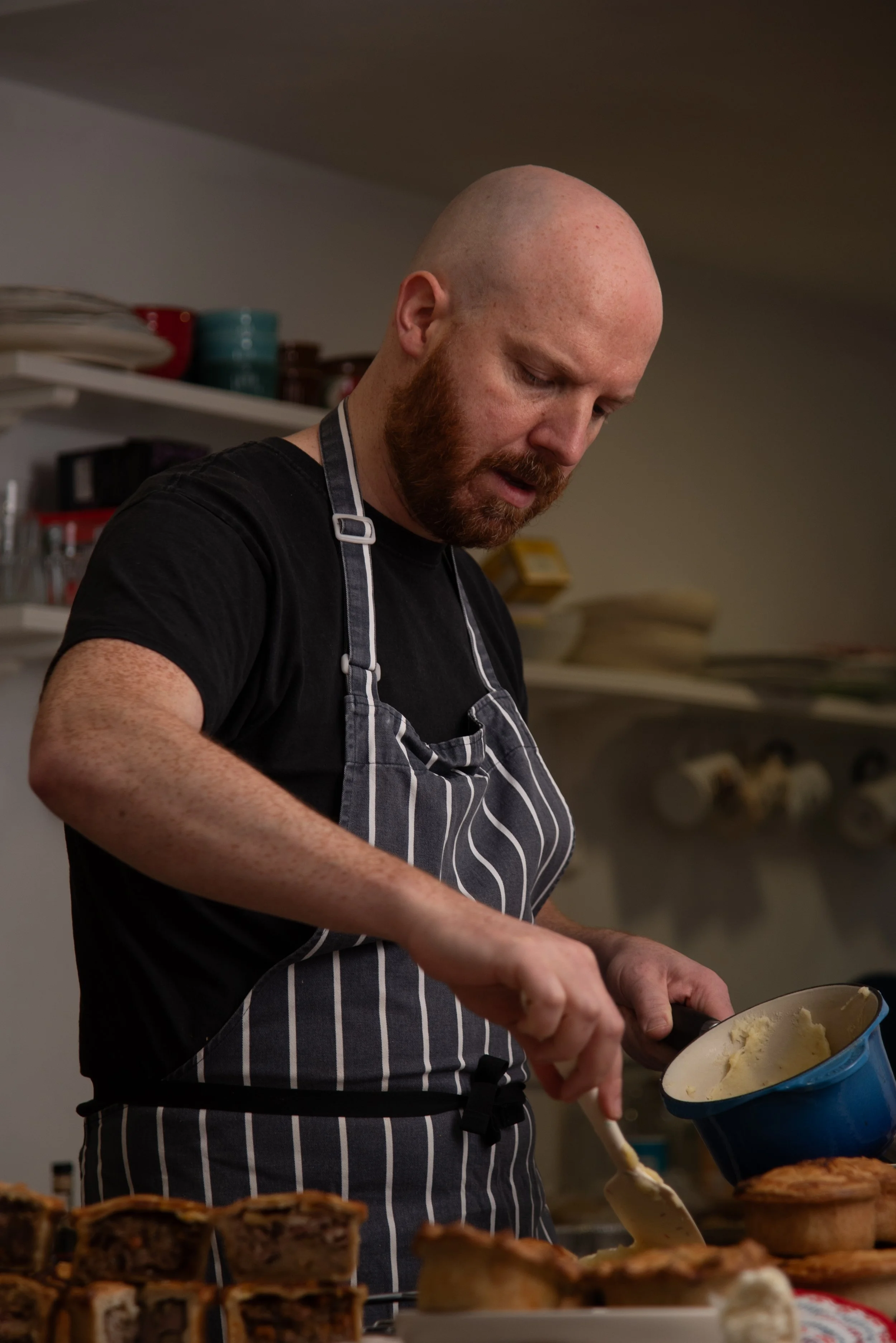 Piesmiths co-founder Dan Smith making mash for pie and mash.