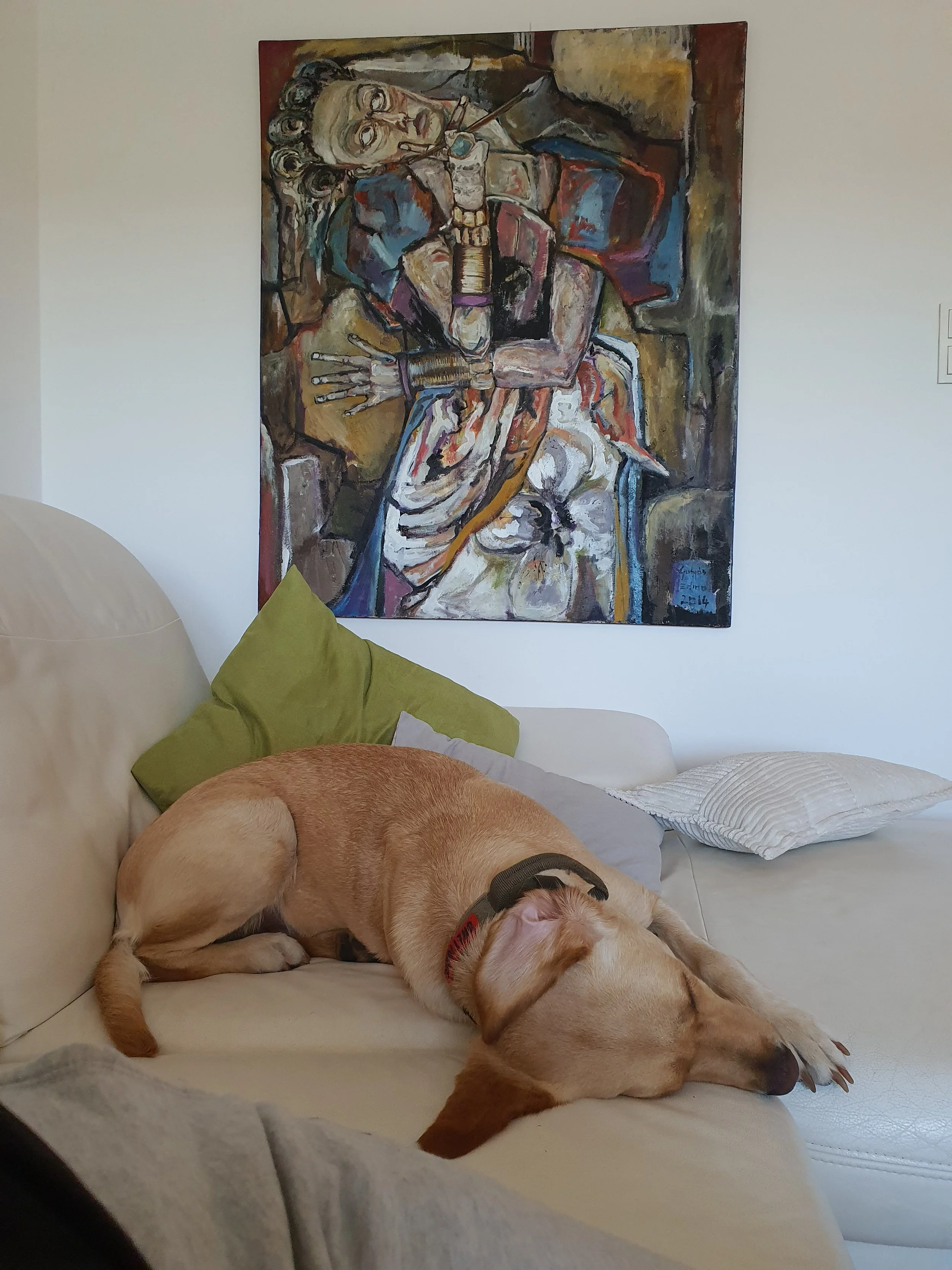 Ein schlafender Hund liegt auf einem weißen Sofa vor einem farbigen, expressionistischen Gemälde an der Wand.