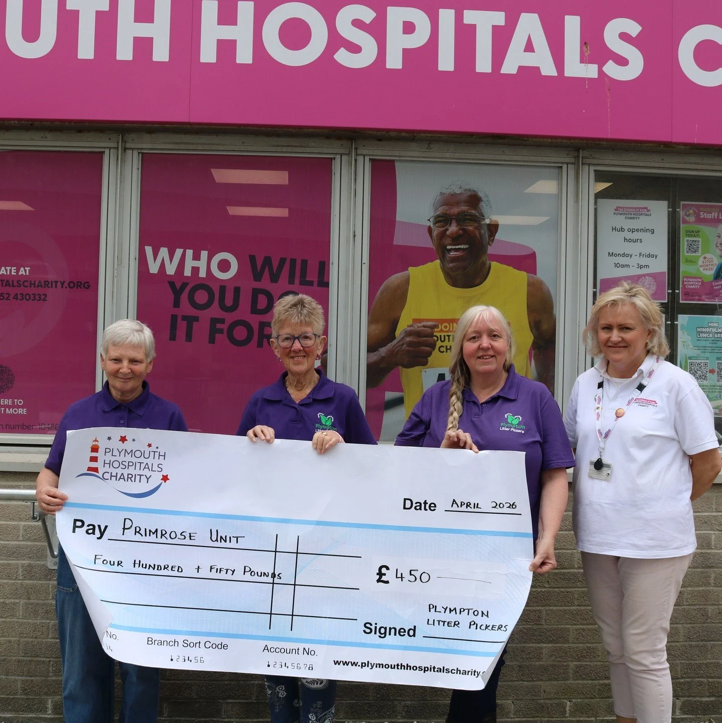 Theresa, Margaret and Colette from the Plympton Litter Pickers visited yesterday for a cheque presentation of &pound;450 to the Primrose Breast Care Unit 🩷 

A team of over 70 volunteers, they&rsquo;re out and about all year round, and cover more th