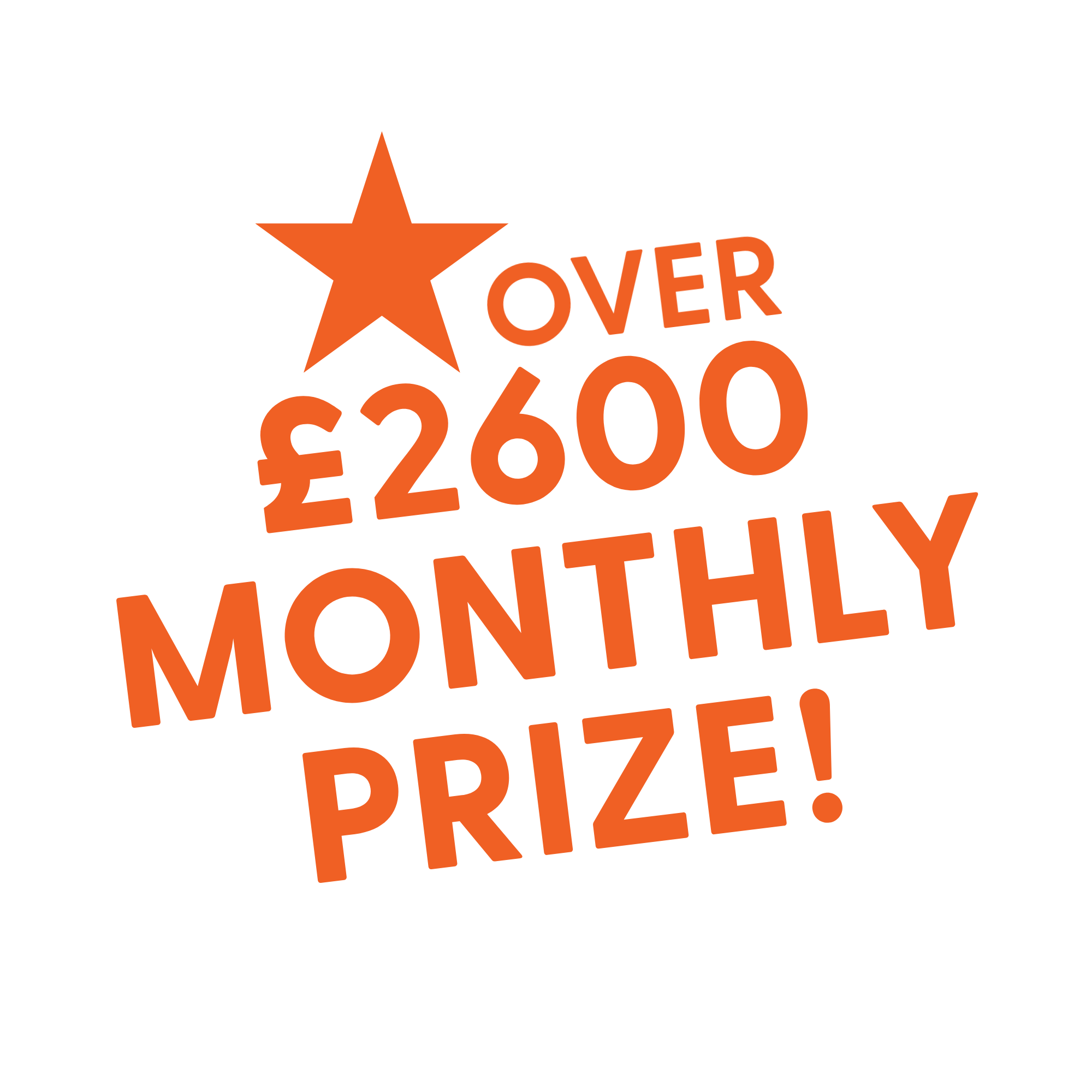 illustration of an orange star and text saying 'over £2600 monthly prize!'
