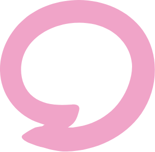 Pink speech bubble icon with a black background.