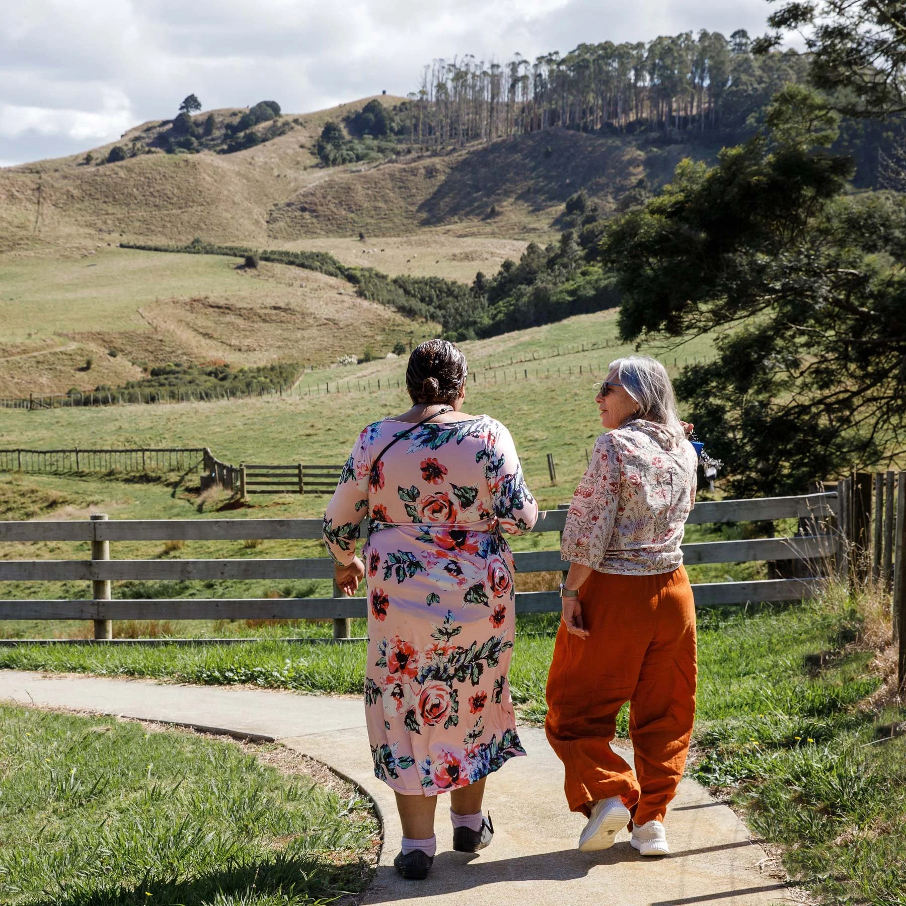 Solway Vision support worker walking alongside resident in rural setting