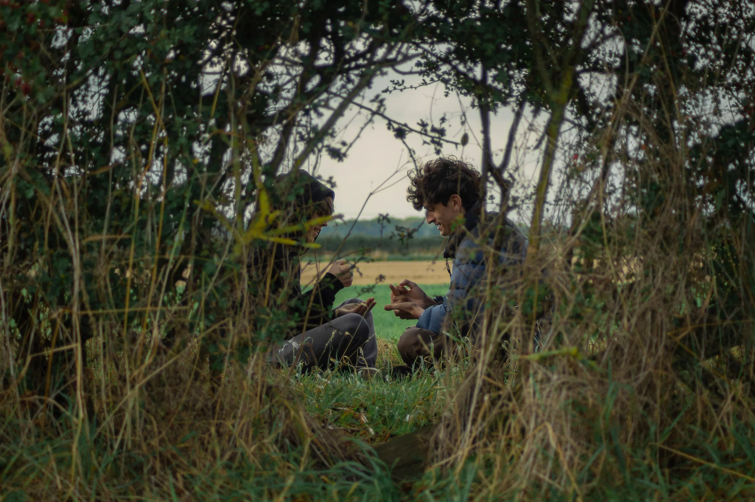 Two young men sitting on the grass in a field, framed by bushes, smiling and playing a card game together.