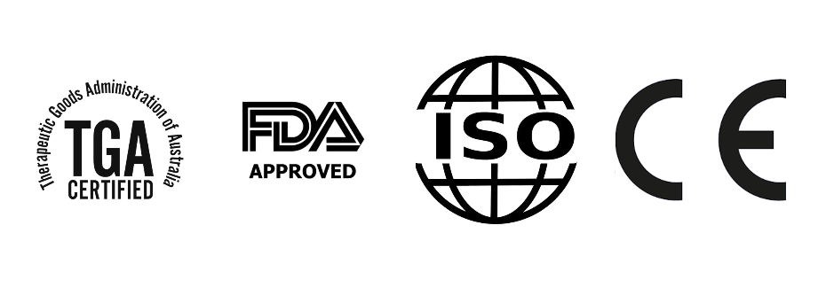 TGA, FDA, ISO and CE certification logos