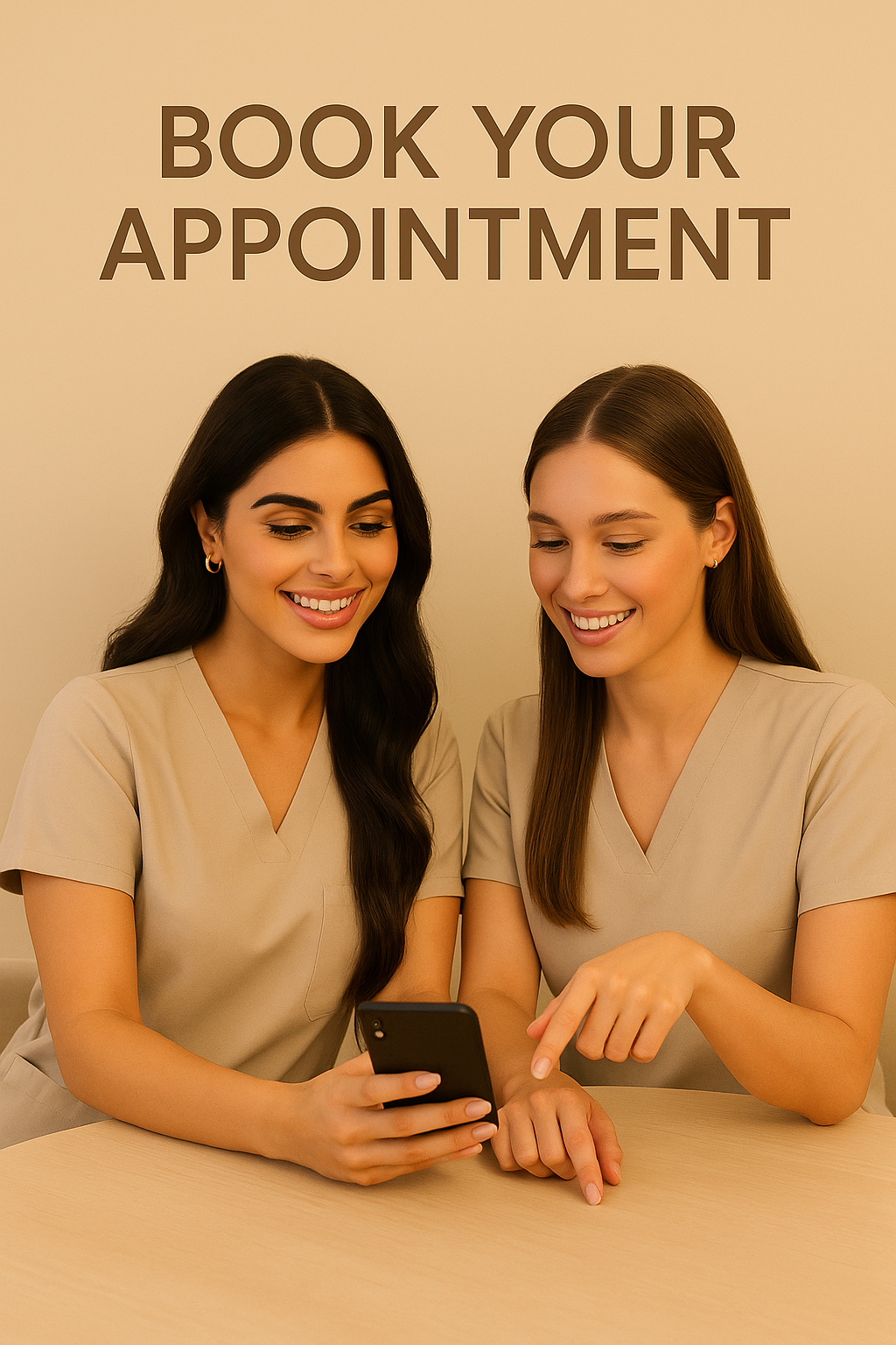 Two women in beige scrubs looking at a phone together, with a sign that says "Book Your Appointment" behind them.