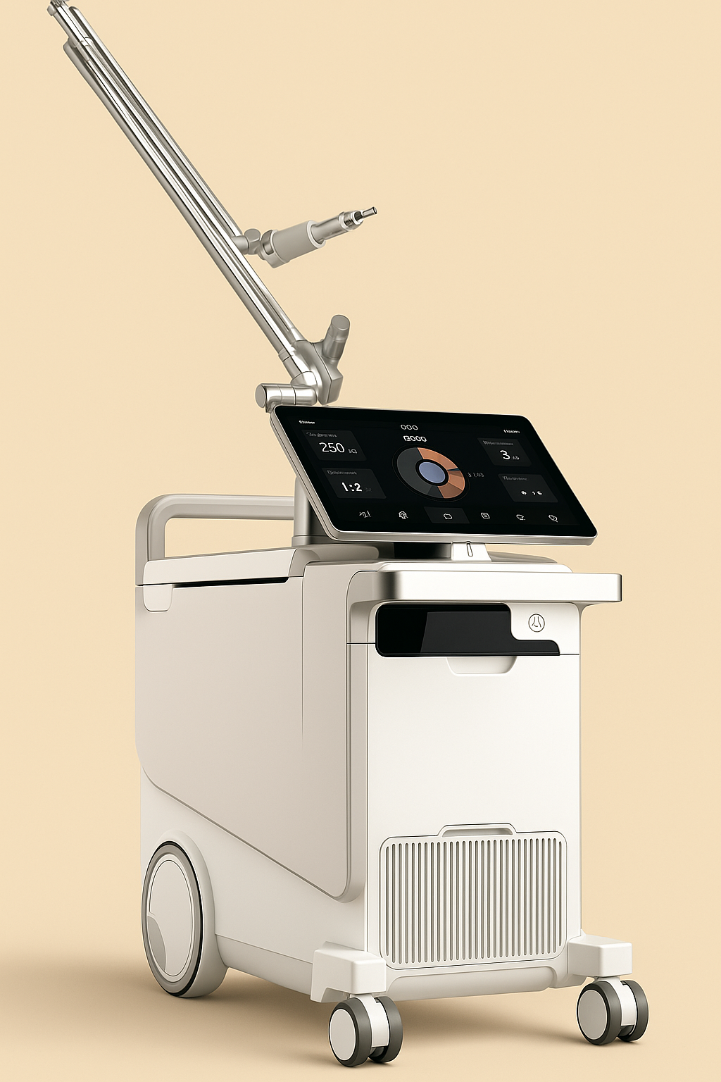 Modern medical or cosmetic device with a touchscreen display, wheels, and adjustable arms, set against a plain beige background.