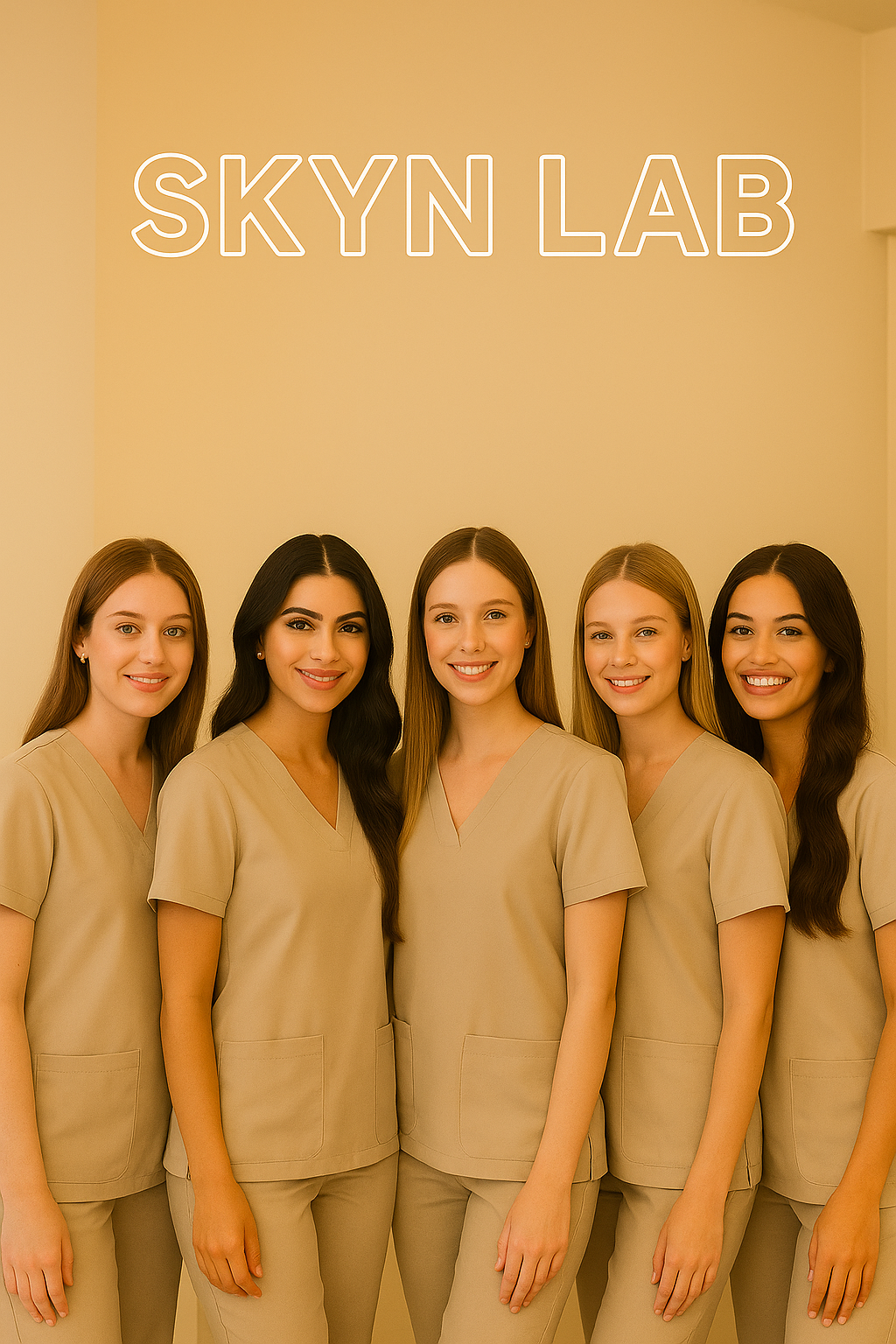 Group of five women in beige scrubs standing in front of a wall with a sign that reads 'SKYN LAB'