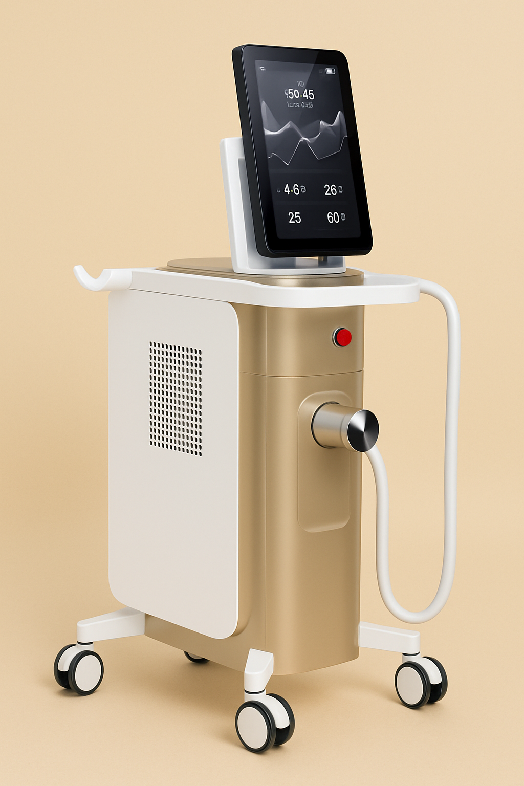 A medical device with a touchscreen monitor mounted on it, showing various readings and graphs, on a wheeled stand with a beige and white color scheme against a beige background.
