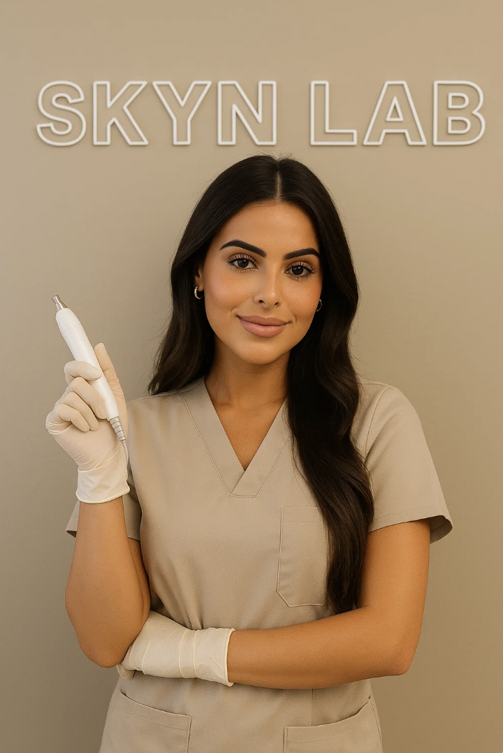 A woman in beige scrubs and white gloves holding a dental or medical tool, standing in front of a beige wall with a sign that reads 'SKYNY LAB'.