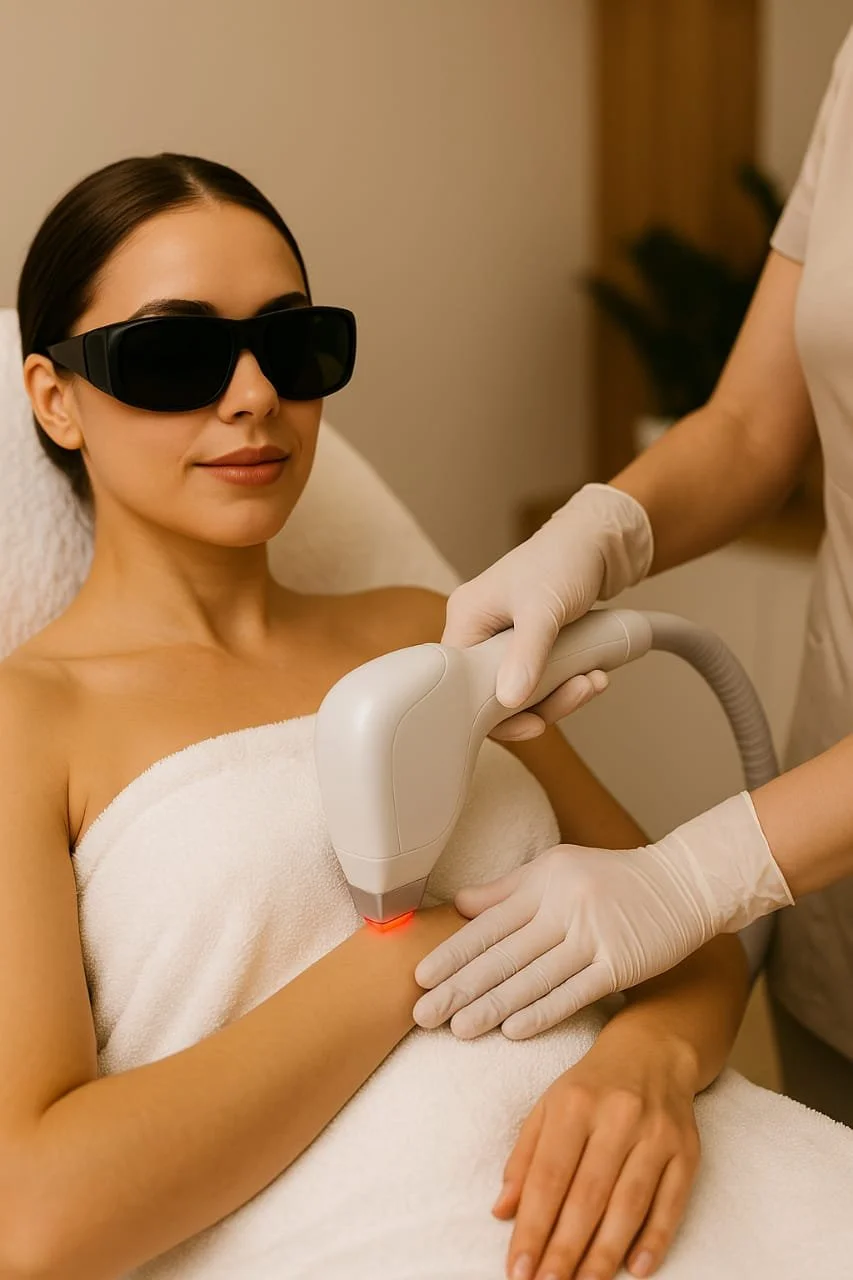 A woman with dark hair, wearing sunglasses, lying back with a towel wrapped around her chest, receiving a laser treatment on her arm from a medical professional wearing gloves.