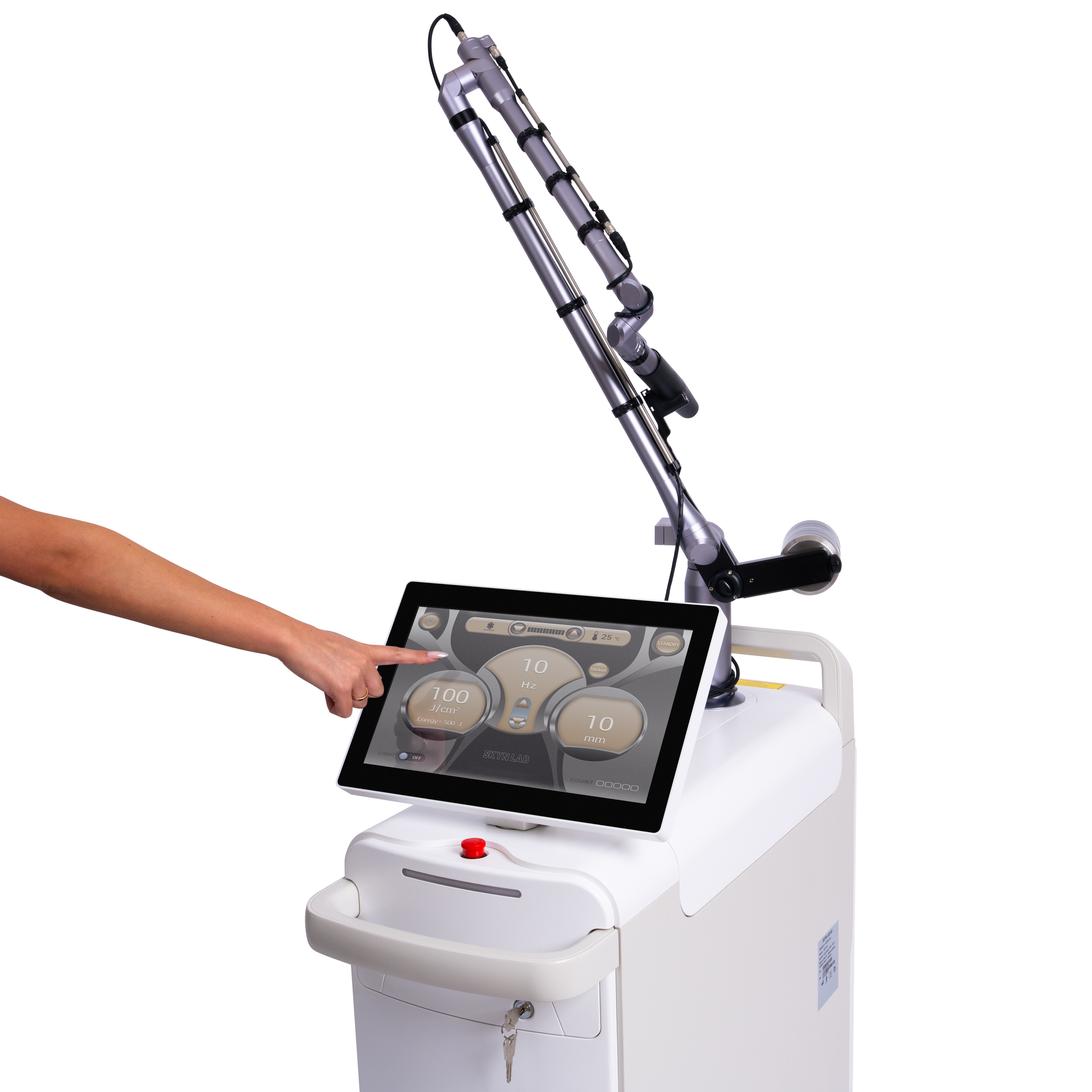 Skyn X Q-switch laser device being operated by a clinician for tattoo removal treatment